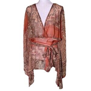 Women’s Bohemian Geo Print Sheer Wrap Blouse Tie Waist Festival Top Size 18